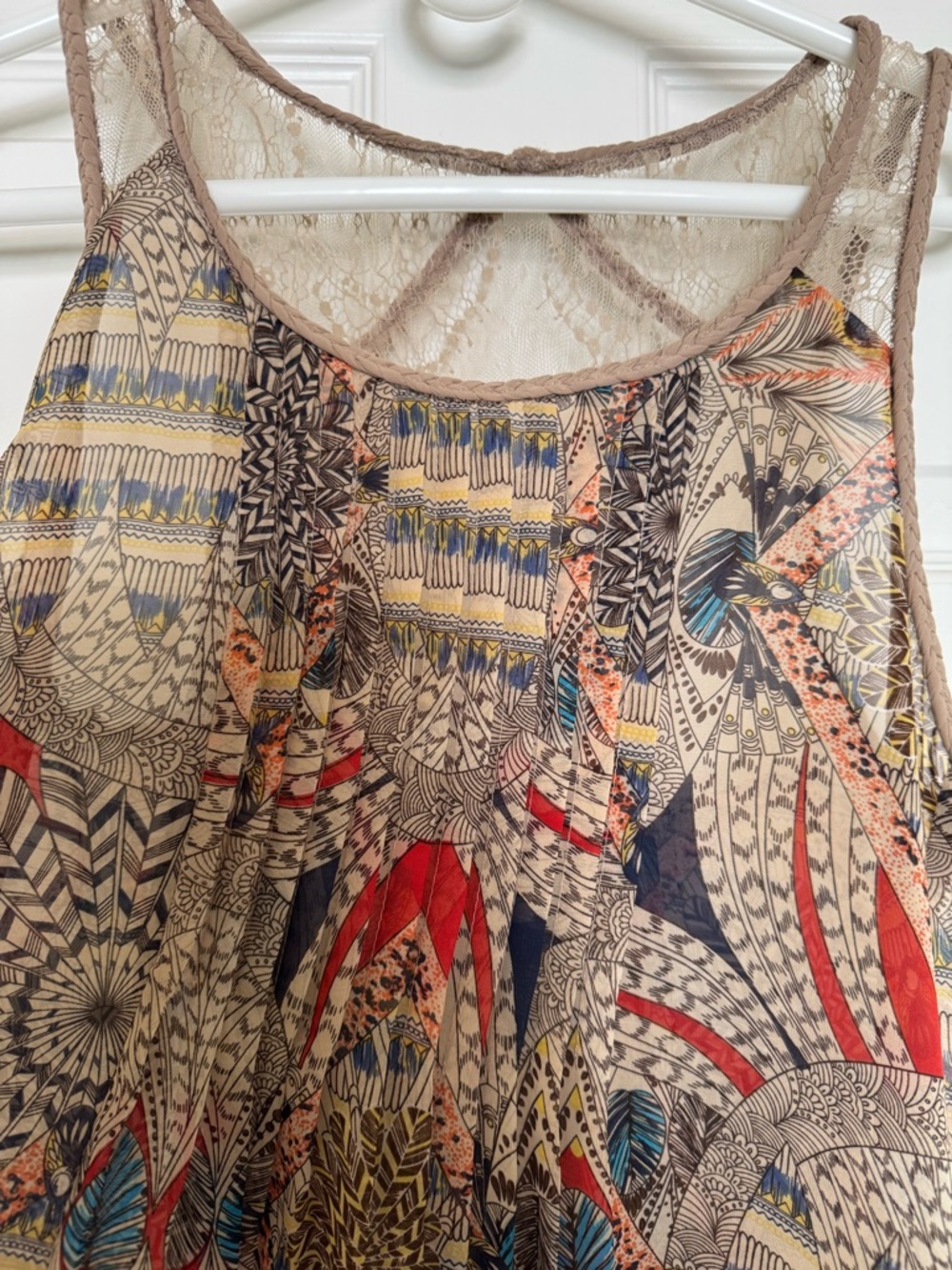 Bohemian Lace-Yoke Printed Tank Top - Neutral Multi